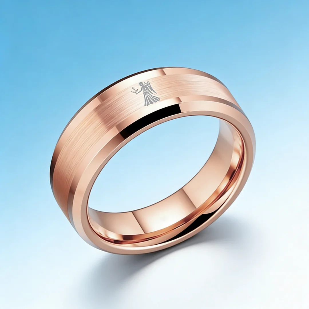 Beveled Edges Rose Gold Laser Etched Tungsten Carbide Ring Rose Gold Virgo Couple Wedding Band 4MM 6MM 8MM