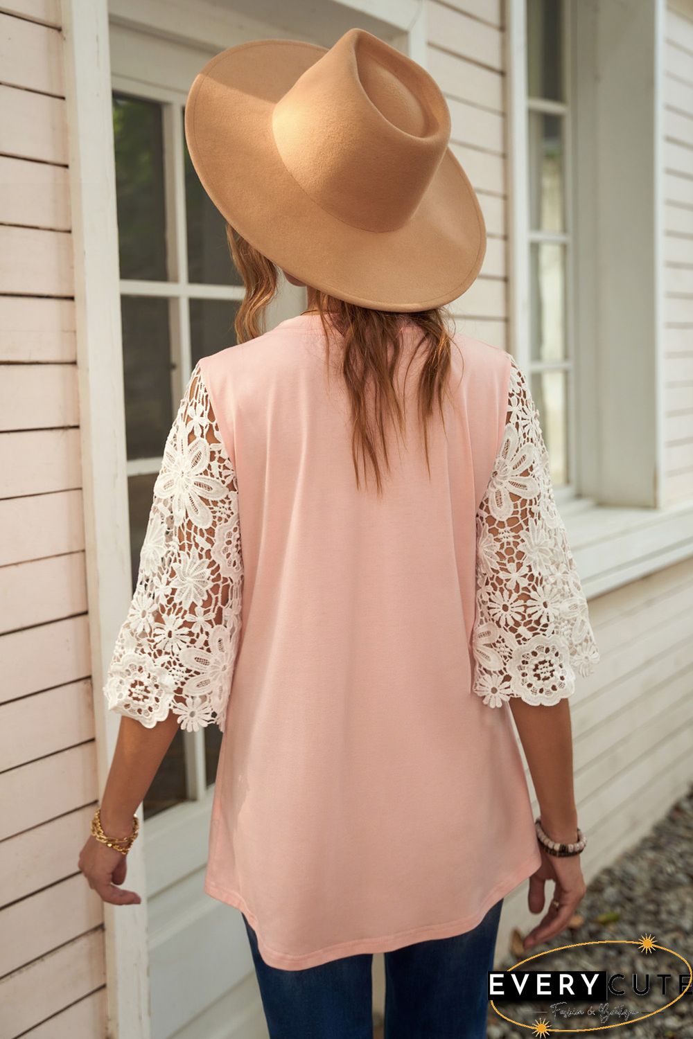 Pink Lace Sleeves Tunic Top