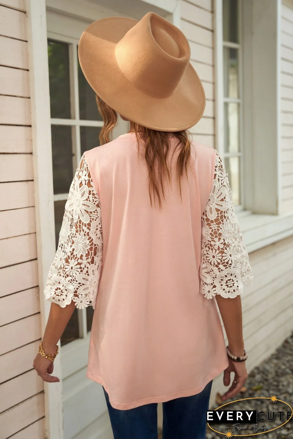 Pink Lace Sleeves Tunic Top