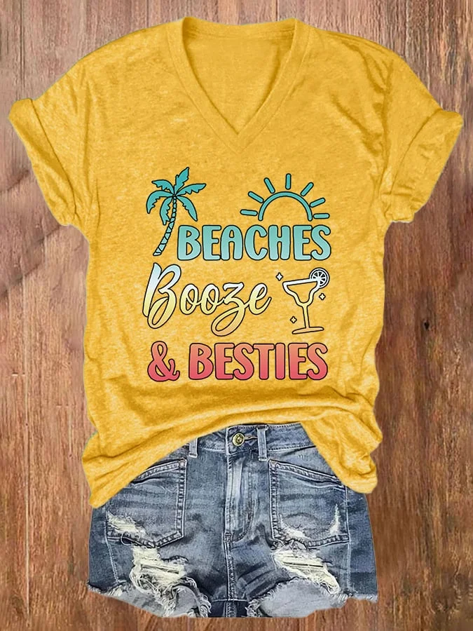 Beaches Booze and Besties Print Casual T-Shirt