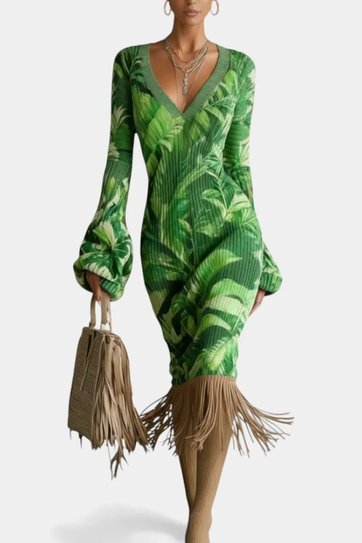 Tropical Leaf Knit Dress with Fringed Hem