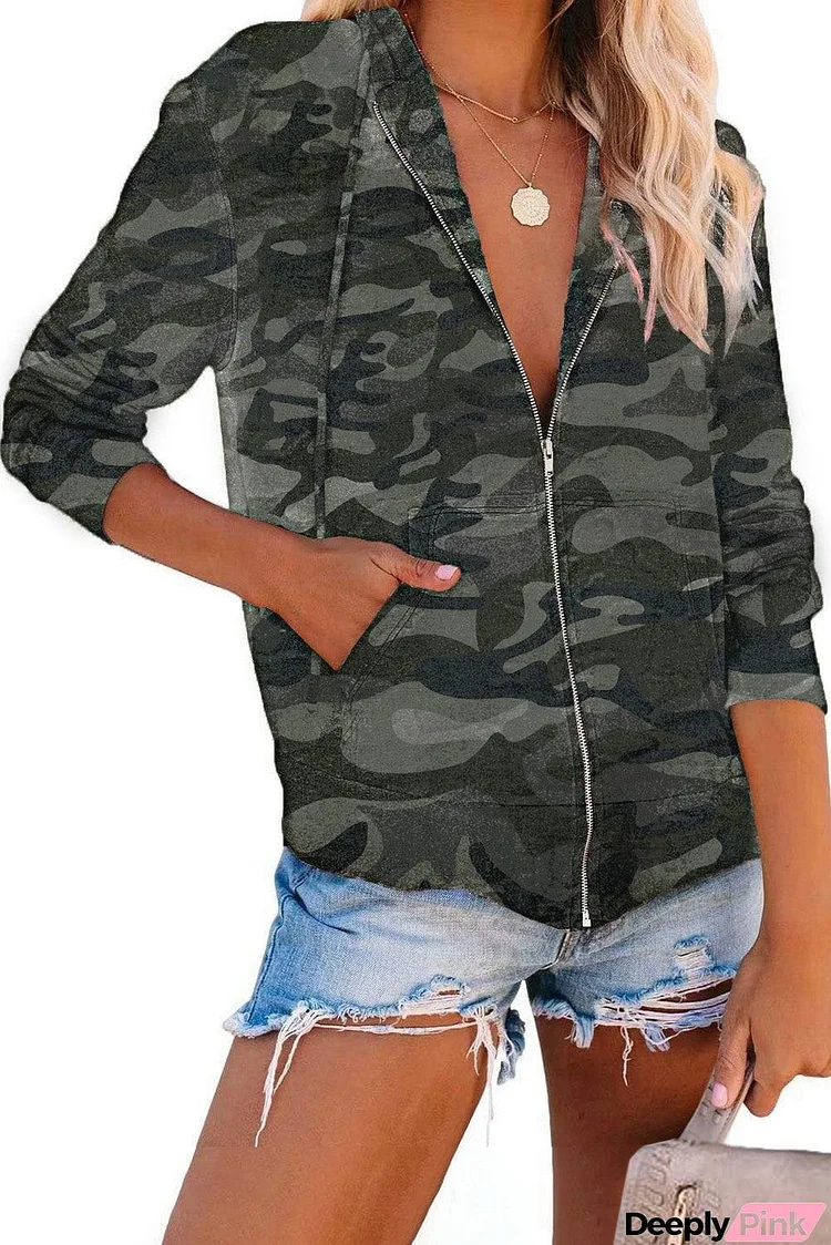 Olive Camo Print Zip Up Hooded Jacket