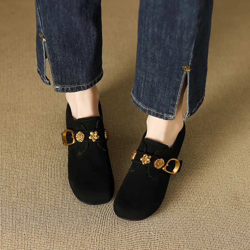 Breakj Breakj Look! Scrub Retro Gold Buckle Coarse Heel Lefu Single Shoes Women Heel Grandmother Shoes