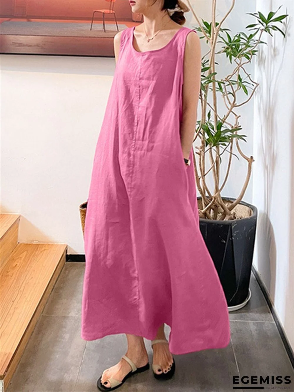 Long Suspender Cotton Linen Simple Style Loose Pocket Round Neck Temperament Sleeveless Dress | EGEMISS