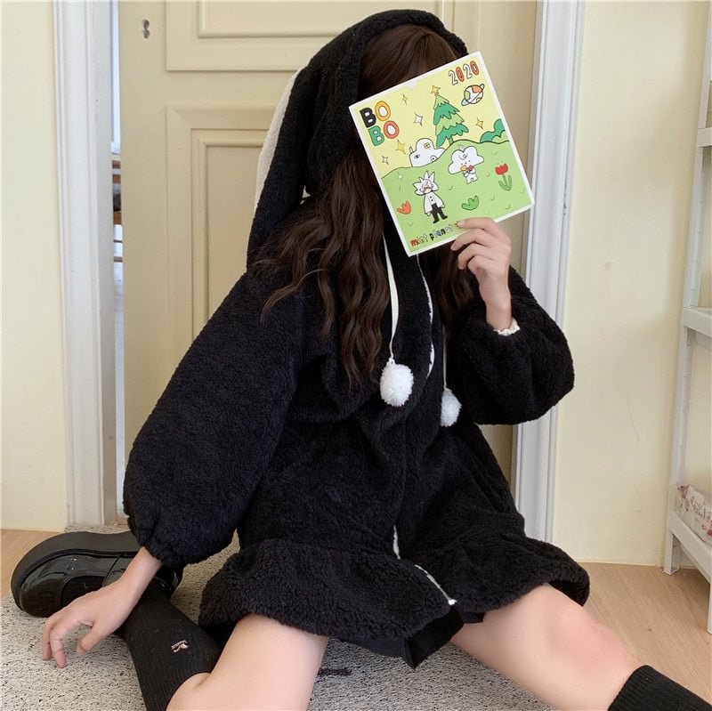 Kawaii Rabbit Ears Hooded Coats Japanese Korean Girl Warm Women Jacket Fall Winter New Sweet Soft Lambswool Ruffles Parkas White