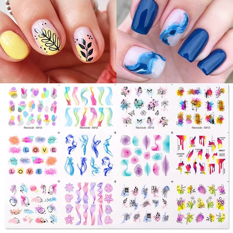 12Pcs Leaves Flowers Design Water Decals Stickers For for Nails Inscriptions Nail Art Decoration Tips-Nail Inspo