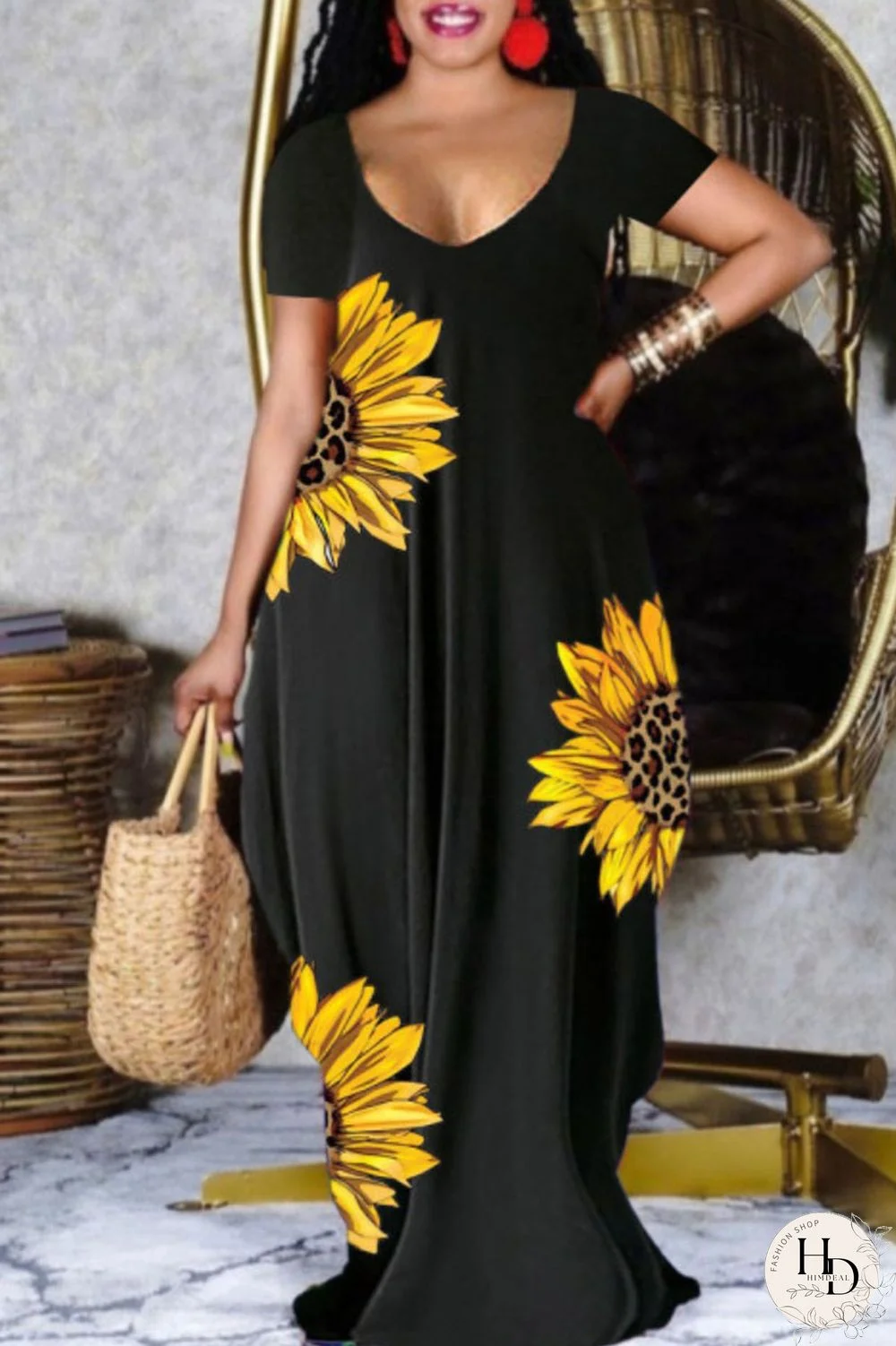 Black Casual Print Split Joint V Neck Short Sleeve Dress Dresses