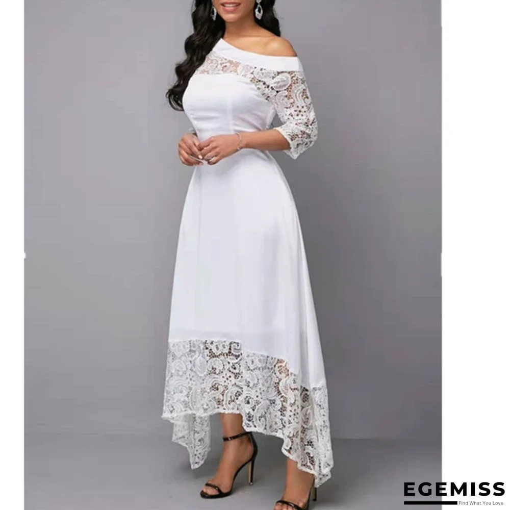 Irregular Lace Off-the-shoulder Openwork Dress Solid Color White Dress Female White Dresses | EGEMISS