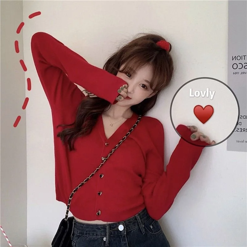 Toloer Toloer Knit Cardigan Thin Women Fall 2024 New Outside Air Conditioning Shirt Red Short Gentle Wind Jacket-Outfit Ideas