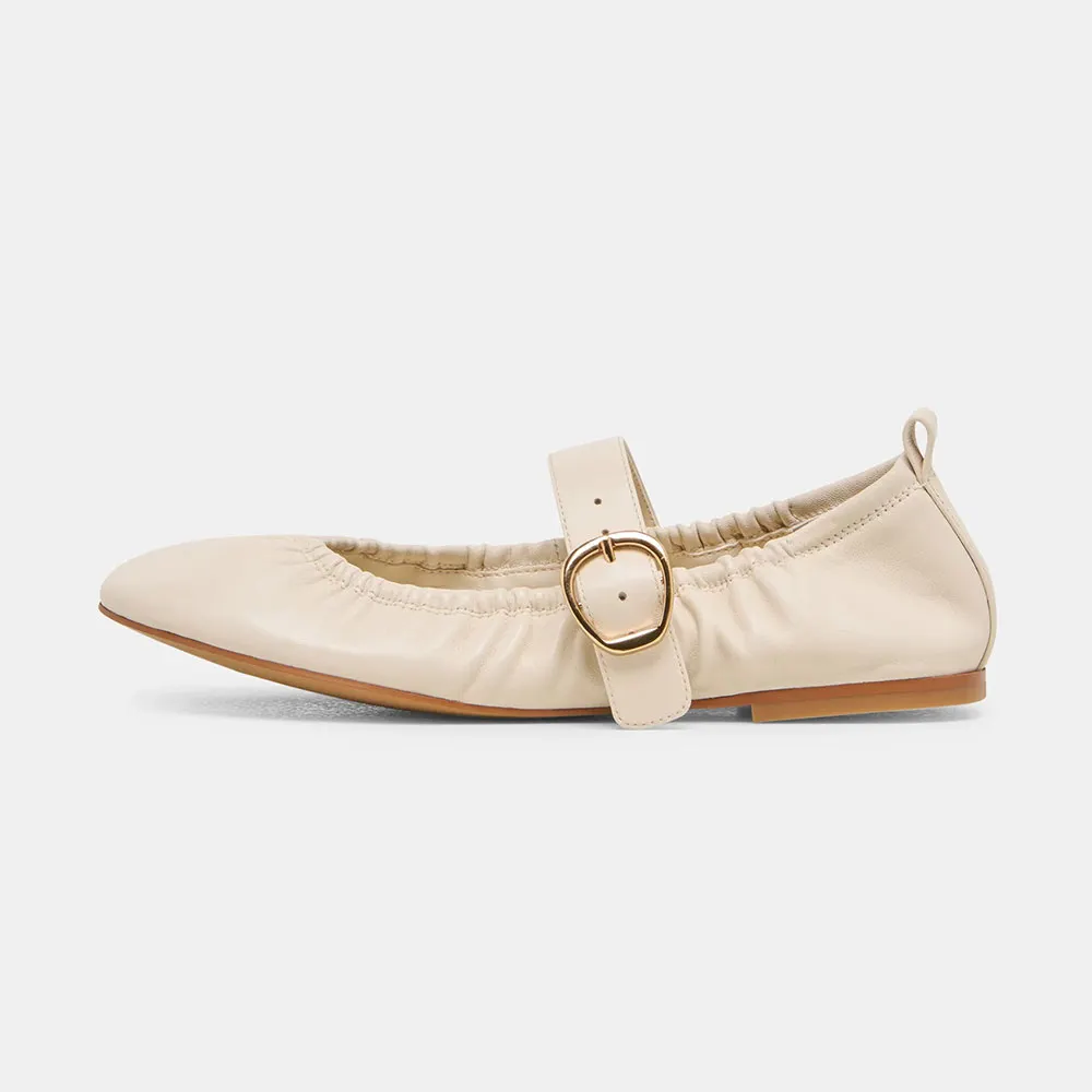 Ivory Faux Leather Round Toe Buckle Strap Flat Shoes for Women