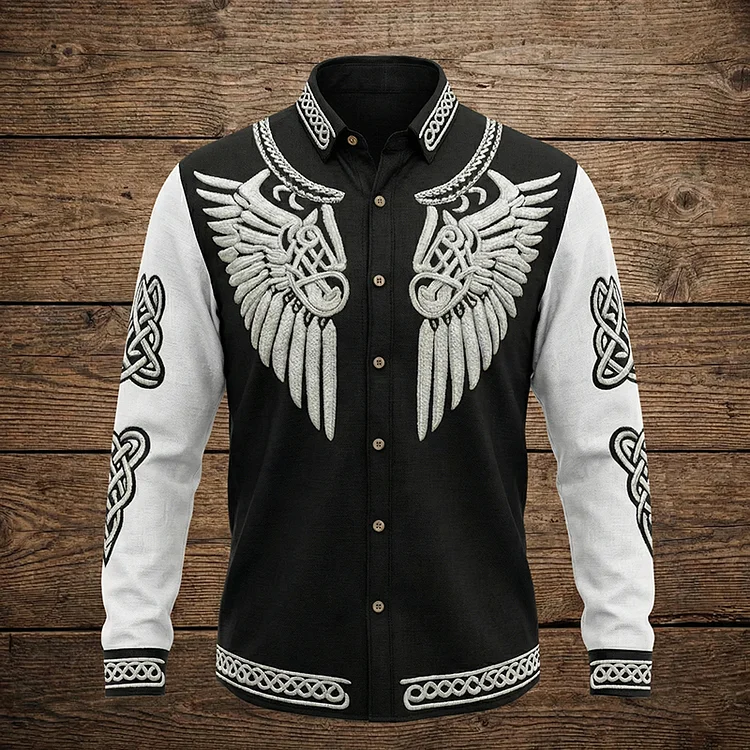 Men's Viking Tribal Jacquard Celtic With Wings Inspired Art Casual Shirts