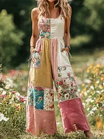 Women's Vintage Floral Patch Art Print Comfy Jumpsuit