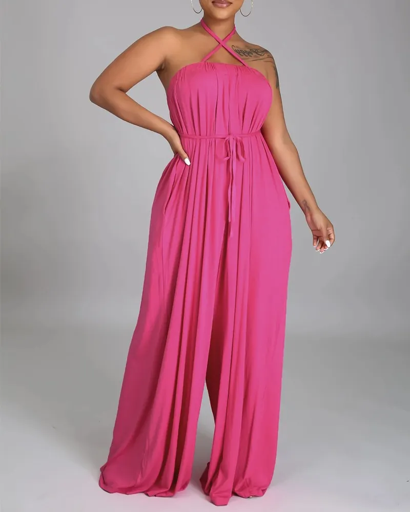 Solid Color Sleeveless Pocket Self Tie Wide Leg Jumpsuit
