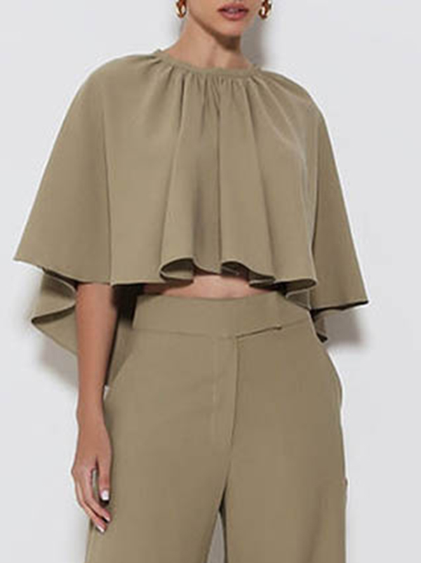 Batwing Sleeves Loose Pleated Solid Color Split-Joint Round-Neck Blouses&Shirts Tops