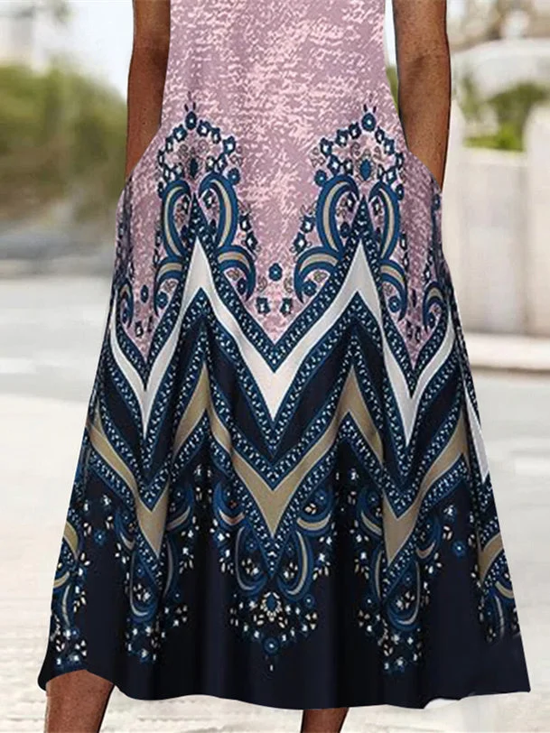 Women's Short Sleeve Scoop Neck Graphic Floral Printed Midi Dress