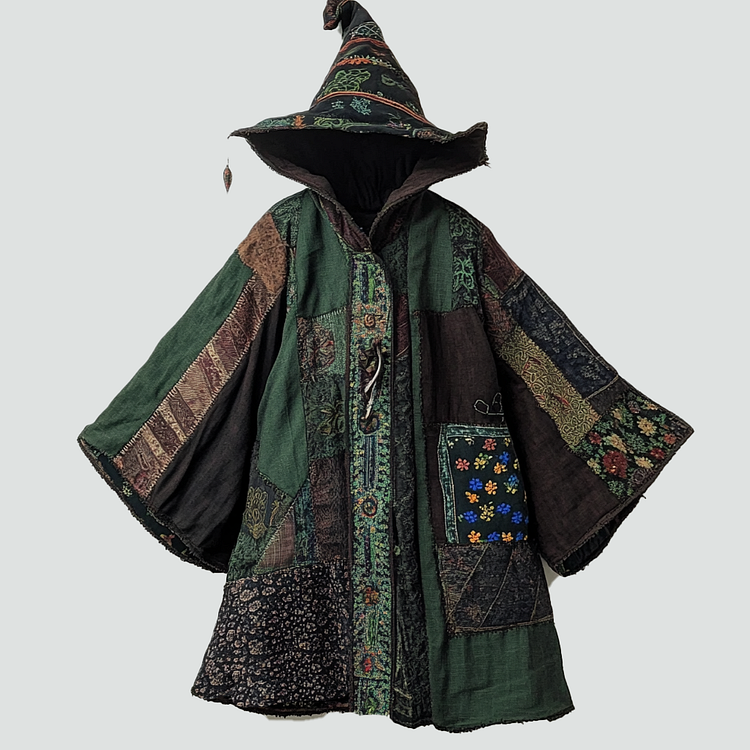 Ethnic print hooded disk-button robe 4d7a