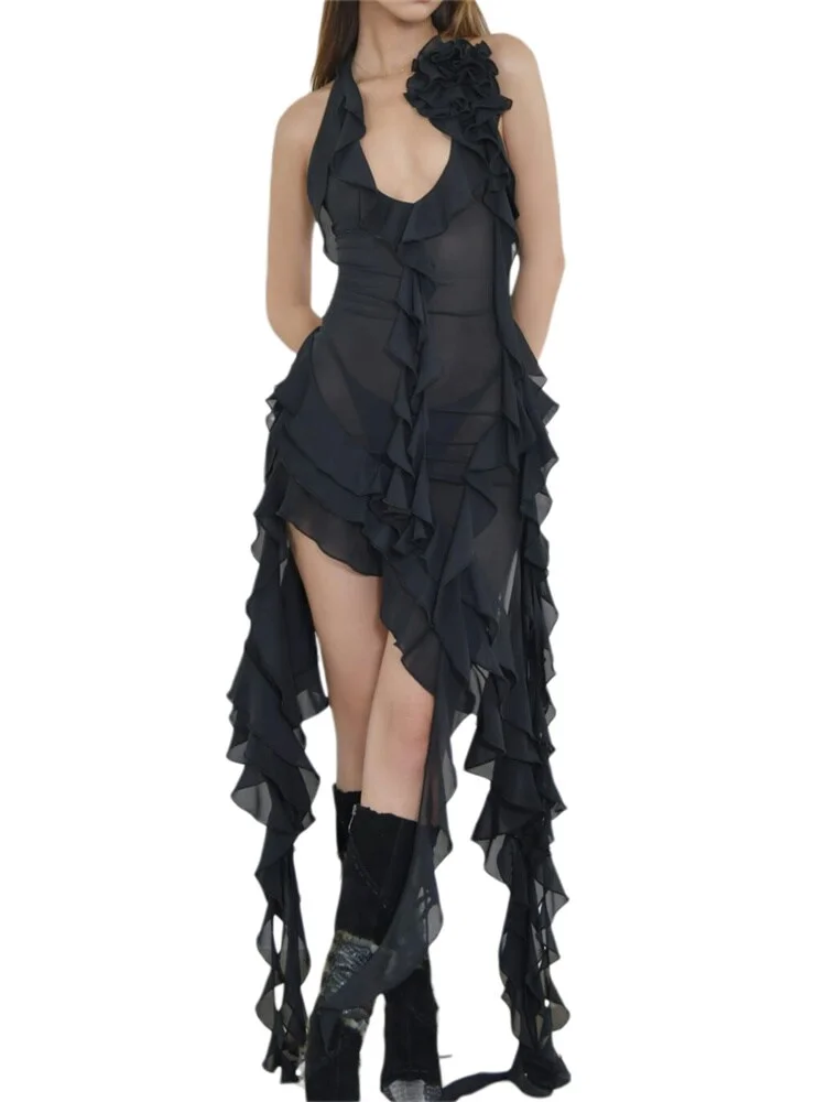 Ruffles Fairy Dresses Halter 3D Flower Dress Asymmetrical Mesh See Through Beach Party Club Outfits Vestidos