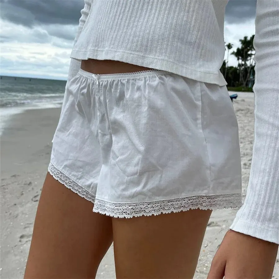 Brownm Lace Patchwork Shorts Women Elastic Low Waist Casual Straight Short Pants Sweet Y2k Bow Summer Sweatshorts Loungewear