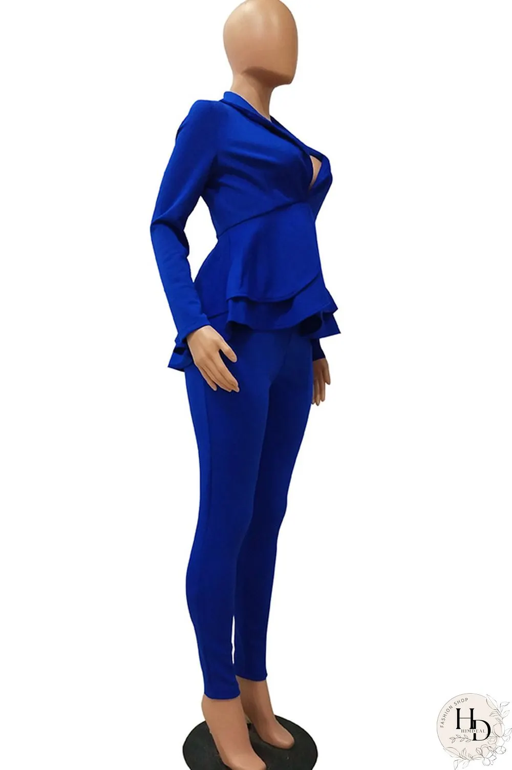Black Casual Two Piece Suits Patchwork ruffle Solid pencil Long Sleeve