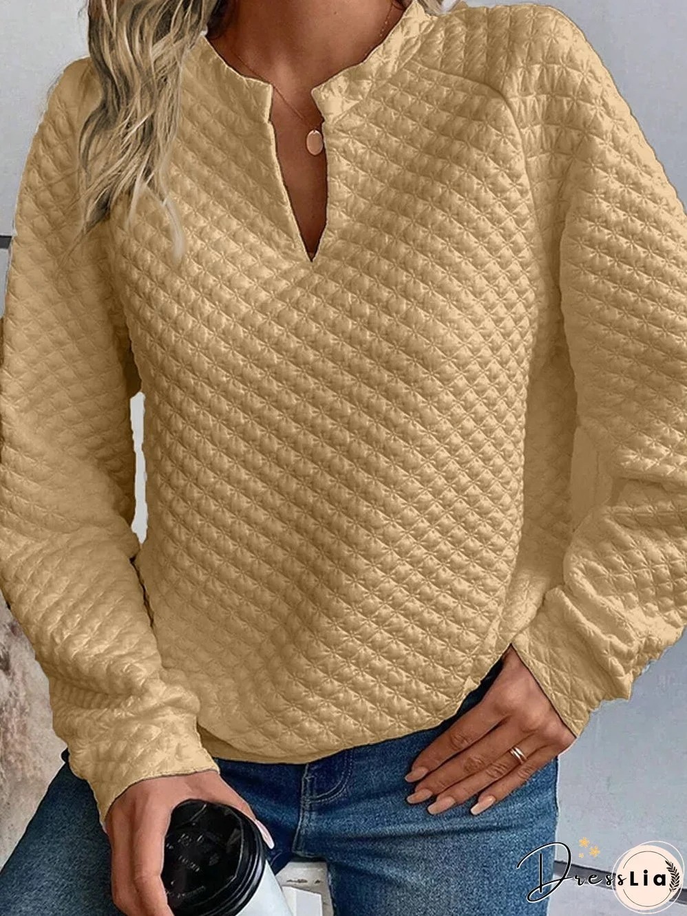 Khaki Textured Split Neck Quilted Top