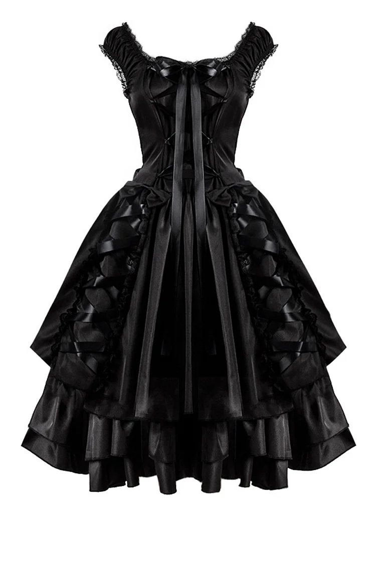Gothic Black Party Lace Ribbon Bow Slim Fit Multi Layered Hem Swing Midi Dress