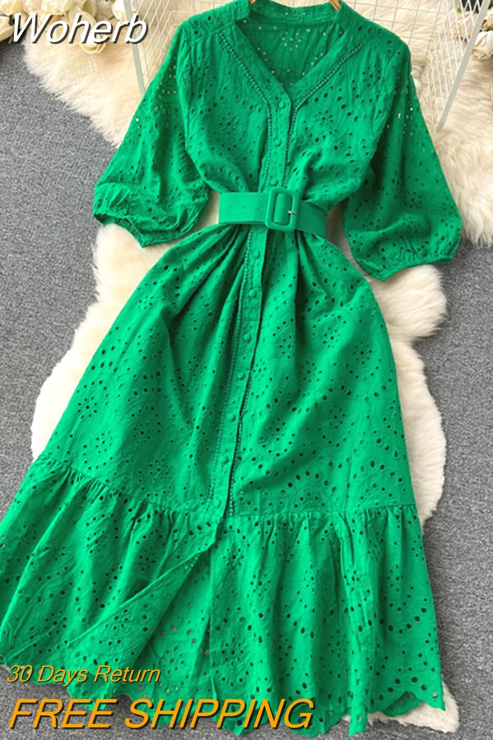 Woherb Cutwork Long Dress for Women Embroidery Cotton Maxi Dress Summer V-neck Puff Sleeve Casual Dress Female With Belt