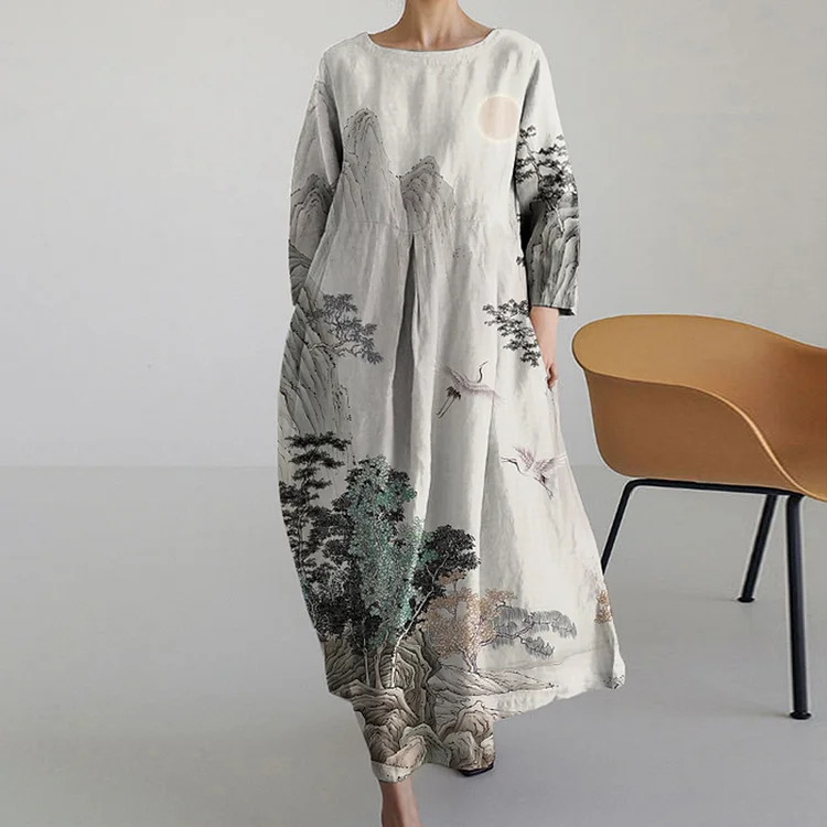 Japanese Landscape Painting Round Neck Long Sleeve Midi Dress