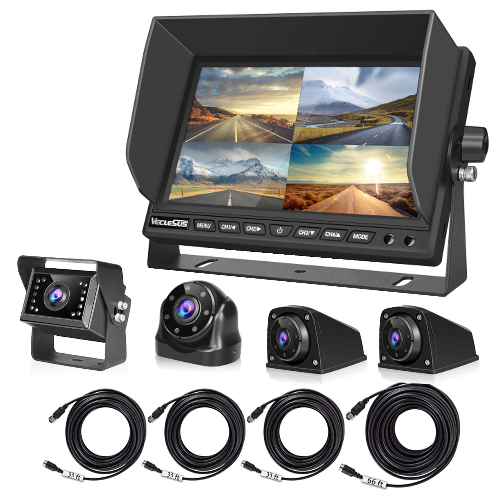 VECLESUS VMQ Backup Camera Kit, 7" Quad Split LCD Monitor, Waterproof Night Vision 1 Rear Camera +1 Front/ Doorway Camera+2 Side cameras, for Truck, Harvester, RV, Camper, Bus, Motorhome and Trailers  GING