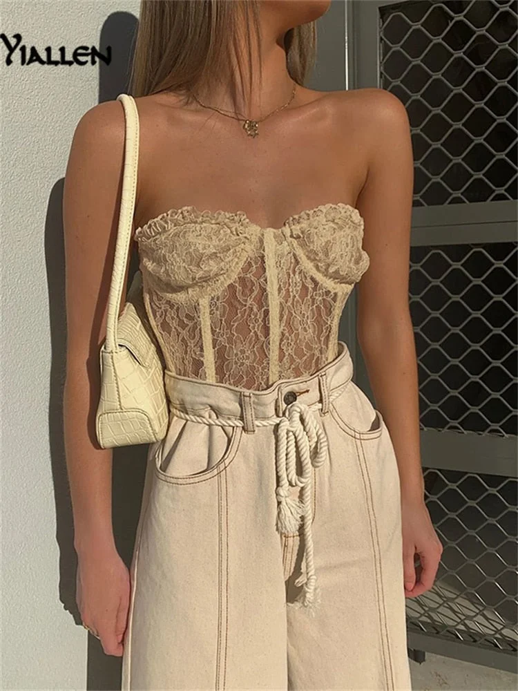 Yiallen Sexy Lace Off Shoulder Top Women Elegant Party Tube Top Black Tank Tops Club Night Wear Crop Tops High Quality Topfemale