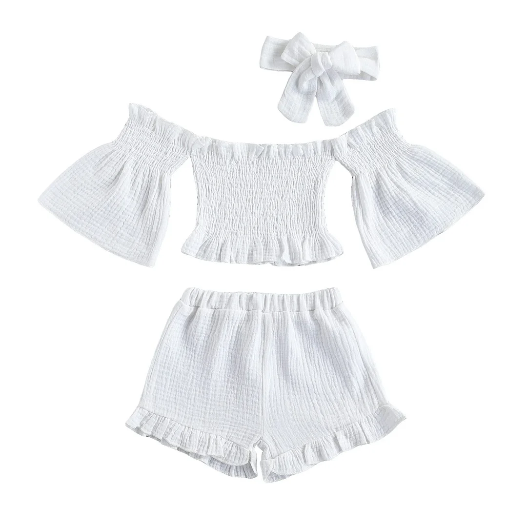 3 Pcs Infant Solid Color Outfits, Baby Girls Off Shoulder Flare Sleeves Boat Neck Tops + Ruffle Shorts + Bowknot Headband 1-6T