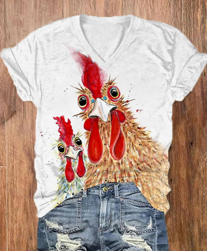 Women's Fun Chicken Print V-Neck T-Shirt