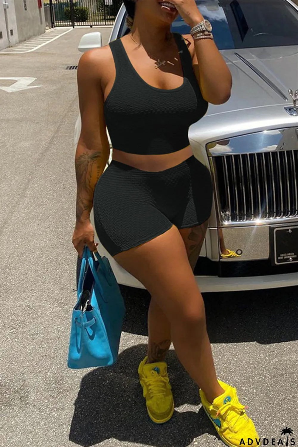 Yellow Fashion Casual Solid Basic U Neck Sleeveless Two Pieces