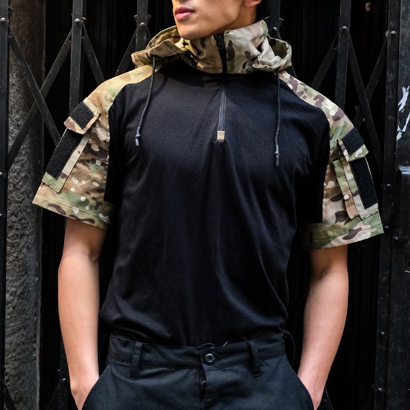 Military Tactical Camo Short Sleeve Multi-pocket Hooded T-Shirt