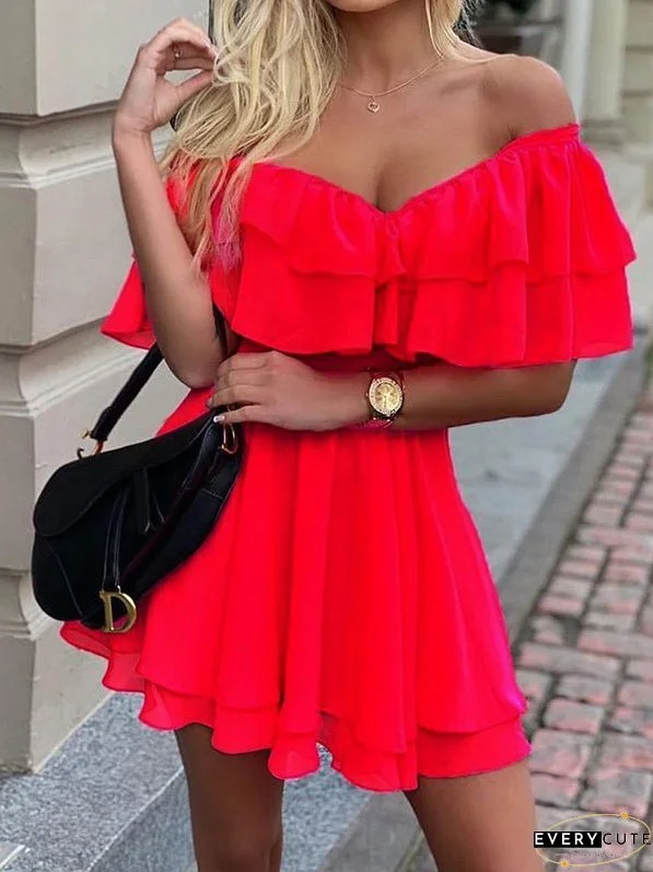 Dresses Solid One Word Collar Ruffle Mini Dress for Women