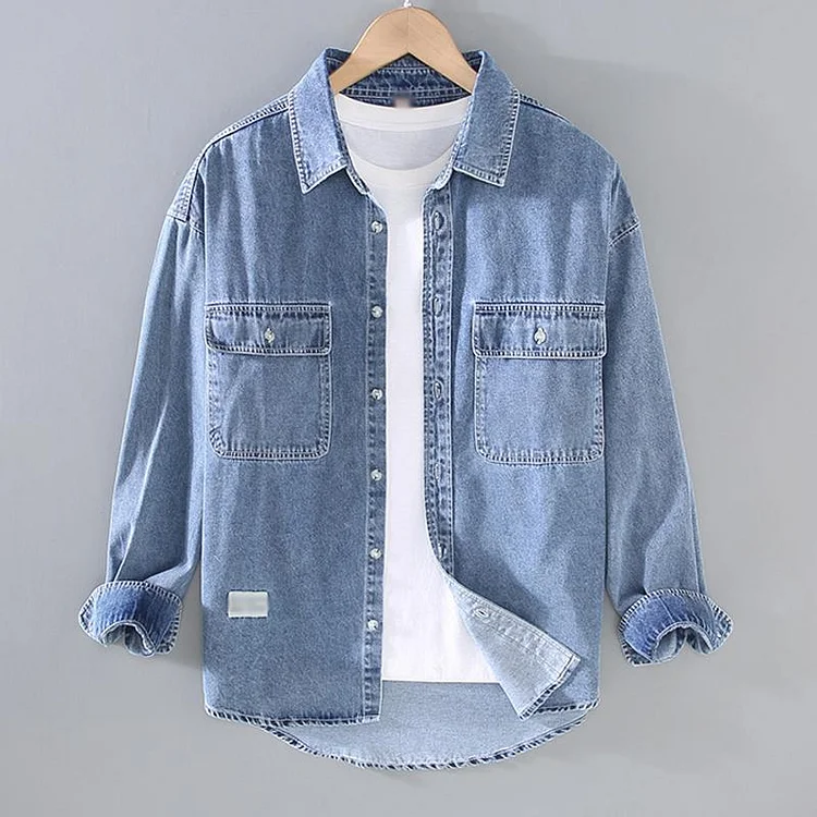 Men's Vintage Heavy Wash Double Pocket Long Sleeve Denim Shirt 61325339M