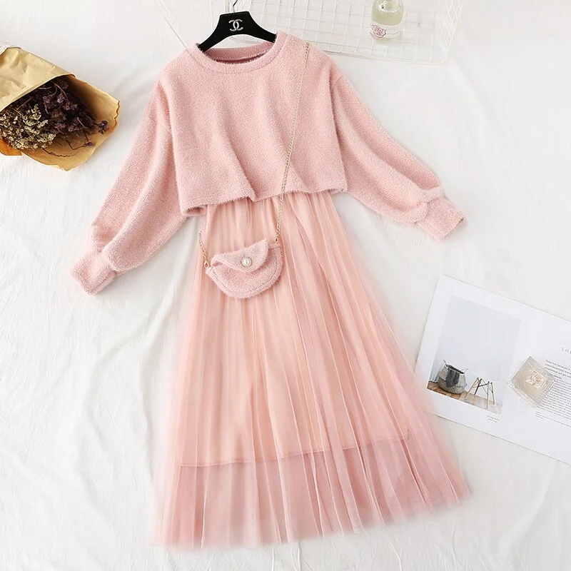 FTLZZ Autumn Winter Women Sweet Two Pieces Suit Knitted Sweater O Neck Sweaters and Dress Set Female Dress