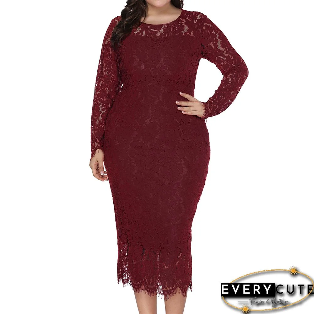 Burgundy Slim Fit Long Sleeve Lace Plus Size Dress