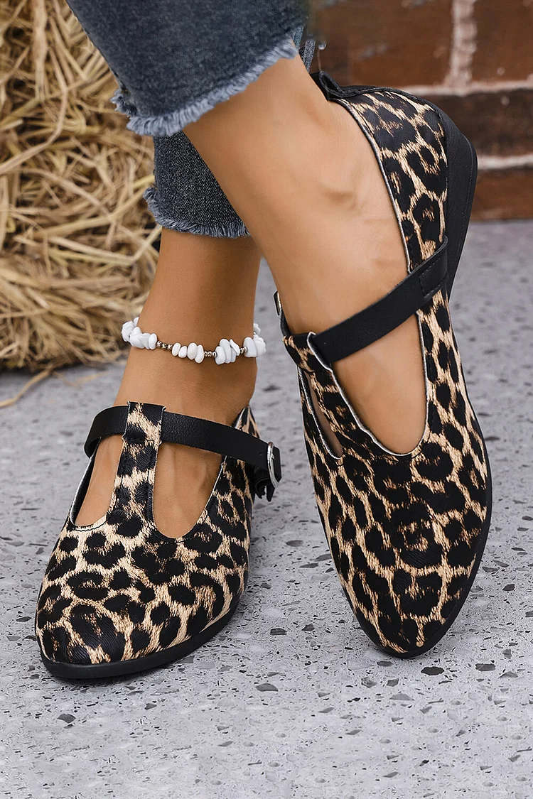 Leopard Print T-Strap Buckle Round Toe Casual Flats