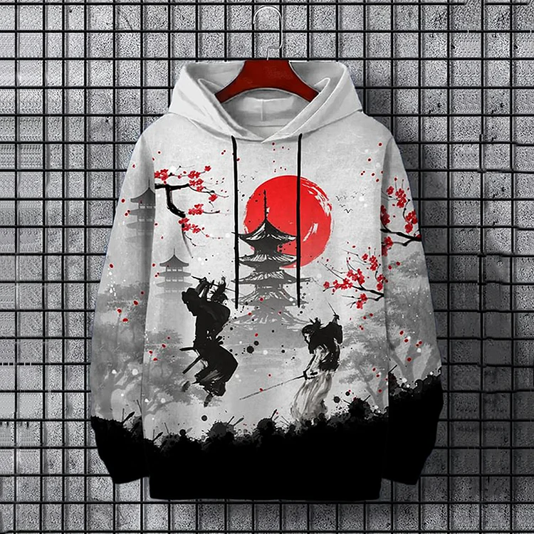 Men's Samurai Fight Pagoda Sakura Art Painting Print Hoodie