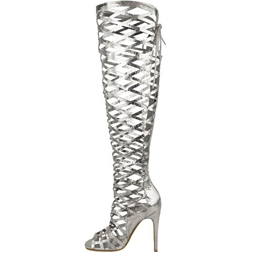 Silver Glitter Open Toe Stiletto Heel Gladiator Hollow Out Sandals Nicepairs