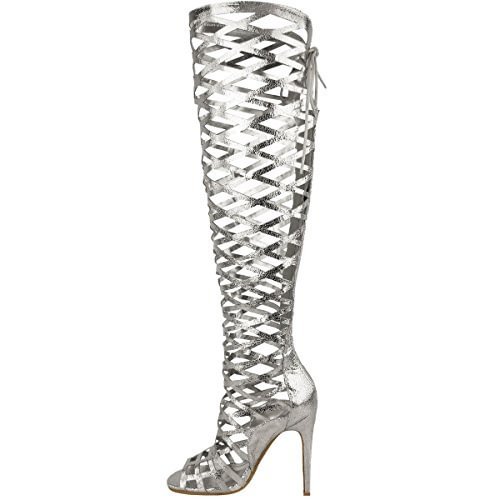 Silver Stiletto Heels Hollow Out Knee-high Gladiator Heels Sandals Nicepairs