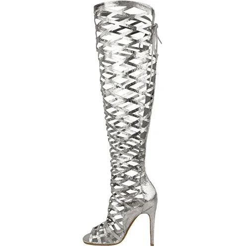 Silver Stiletto Heels Hollow Out Knee-high Gladiator Heels Sandals |FSJ Shoes
