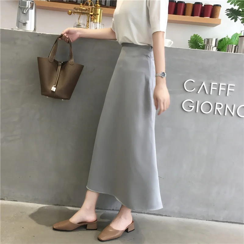 2021 Summer Elegant Women Skirt Ladies Satin Skirt Plain Shiny Vintage Skirts Solid Office High Waist Fashion Party Skirts chic
