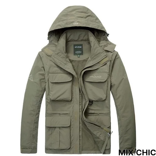 Men Tactical Jacket Autumn Quick Dry 2-In-1 Style Army Coat Multi Pockets Hooded Windbreaker Waterproof