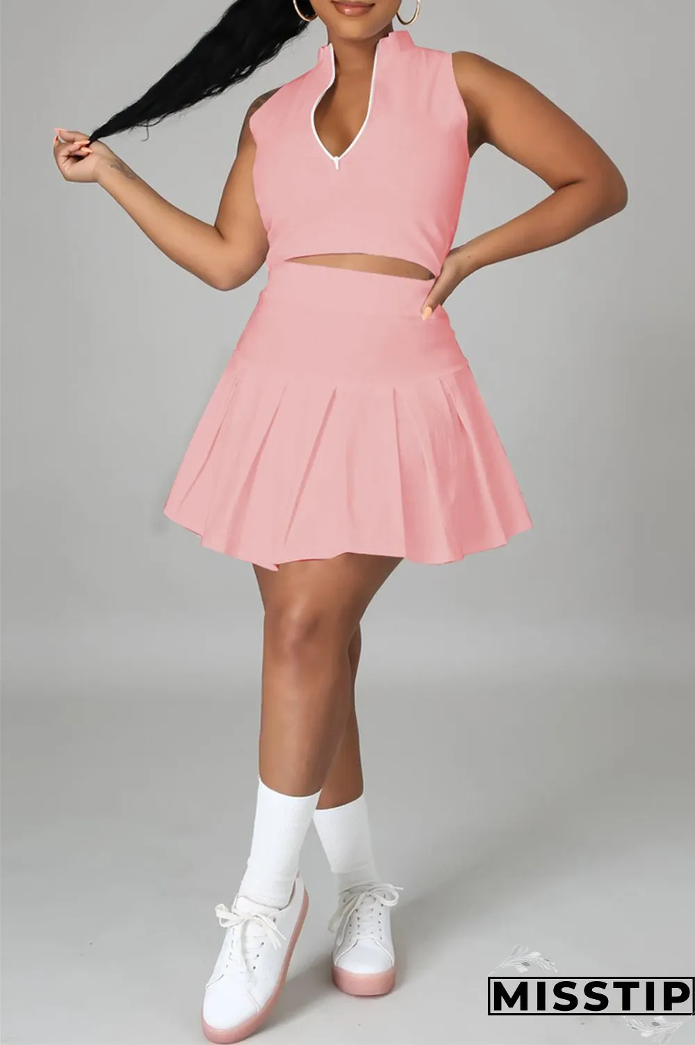 Pink Fashion Casual Solid Vests Zipper Collar Sleeveless Two Pieces