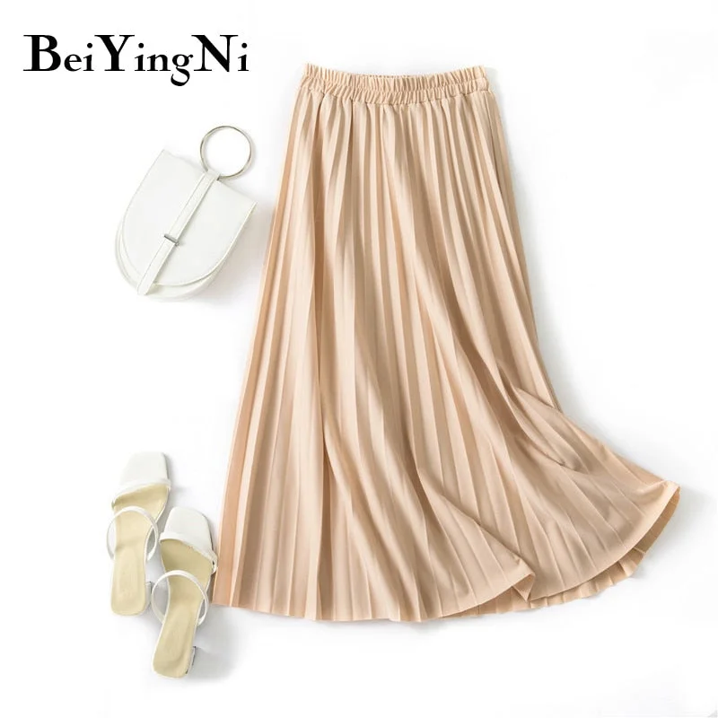 Beiyingni Pleated Midi Skirt Elastic High Waist Sweet Casual 2020 Summer Slim Long Preppy Woman's Skirts Maxi Black Skirt Jupe