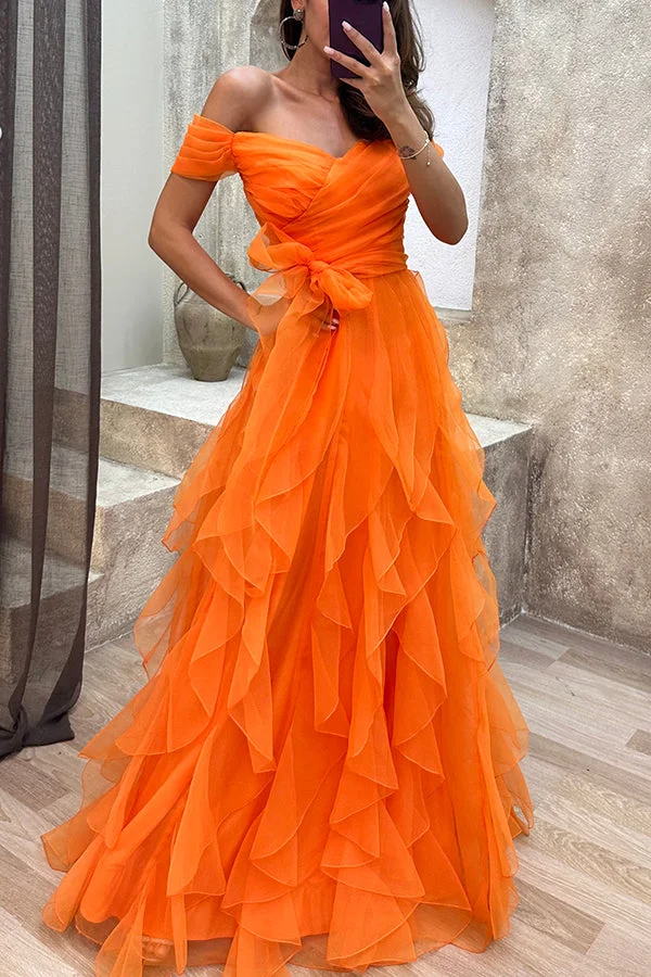 Pre sale - shipping in 30 days / Pretty First Impression Tulle Off Shoulder Tiered Ruffle Evening Maxi Dress