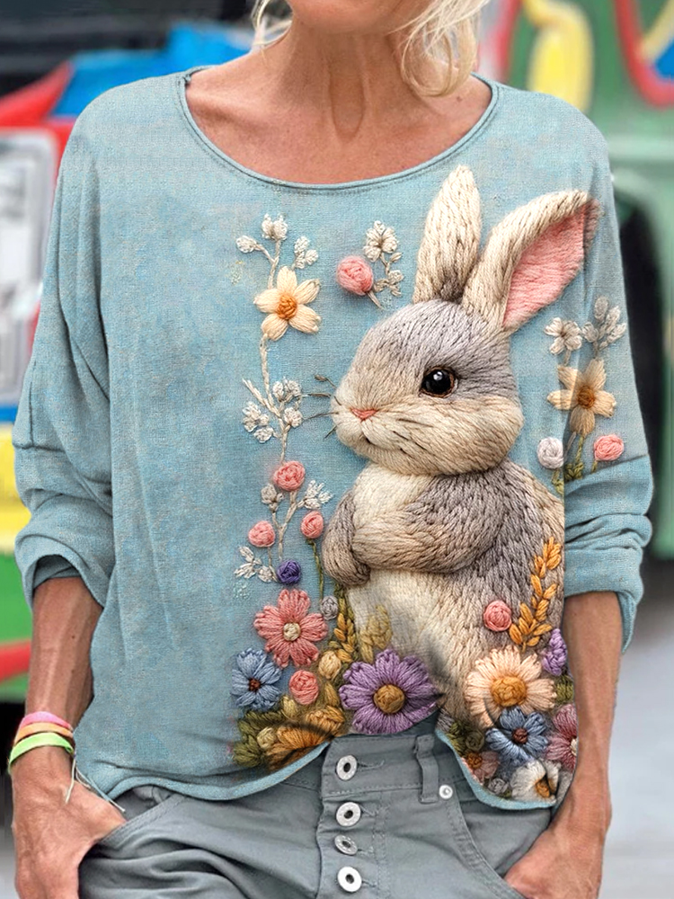 Comstylish Women's Cute Bunny & Floral Embroidered Long Sleeve T-shirt