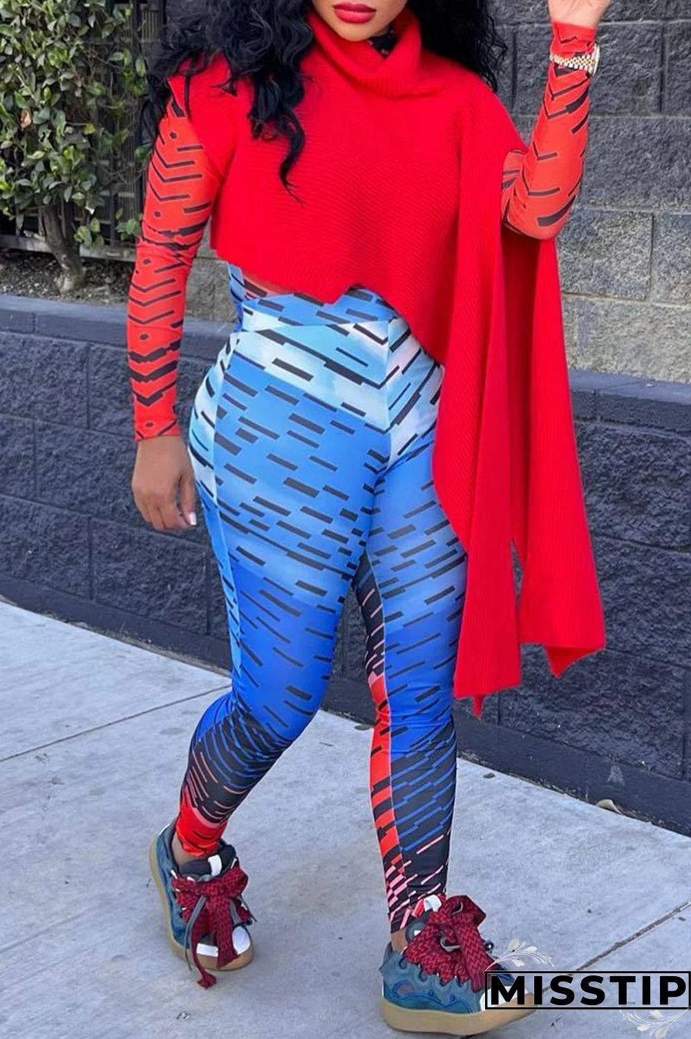 Red Street Solid Patchwork Slit Asymmetrical Turtleneck Tops