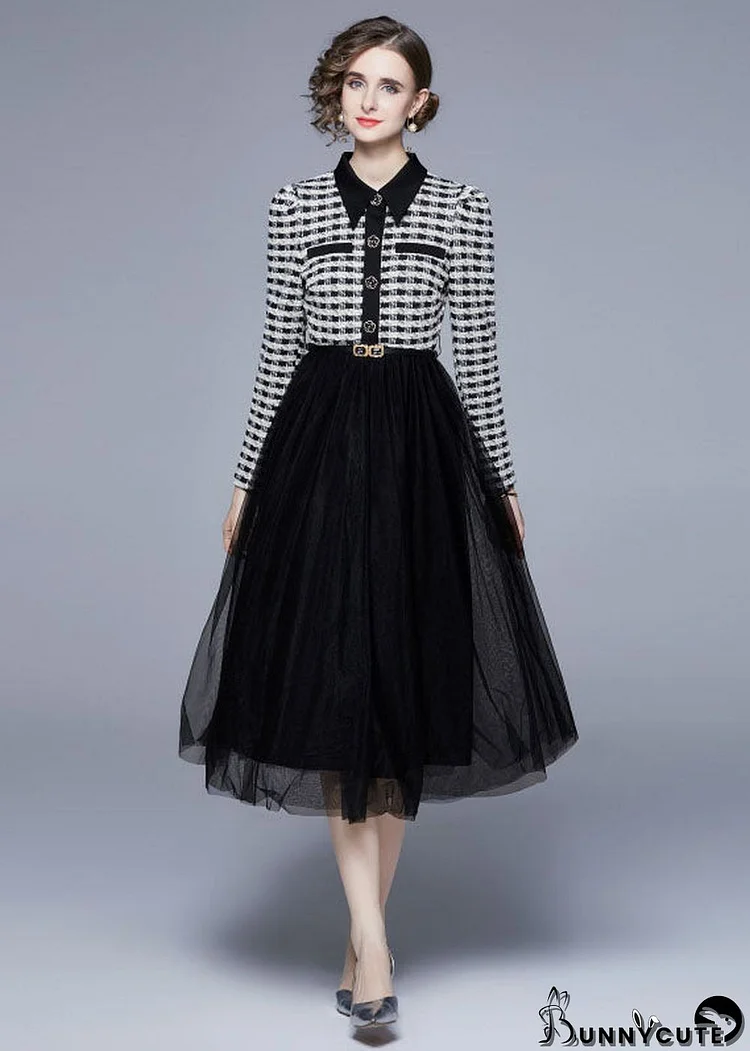 Women Black Peter Pan Collar Patchwork Tulle Cinch Dress Spring